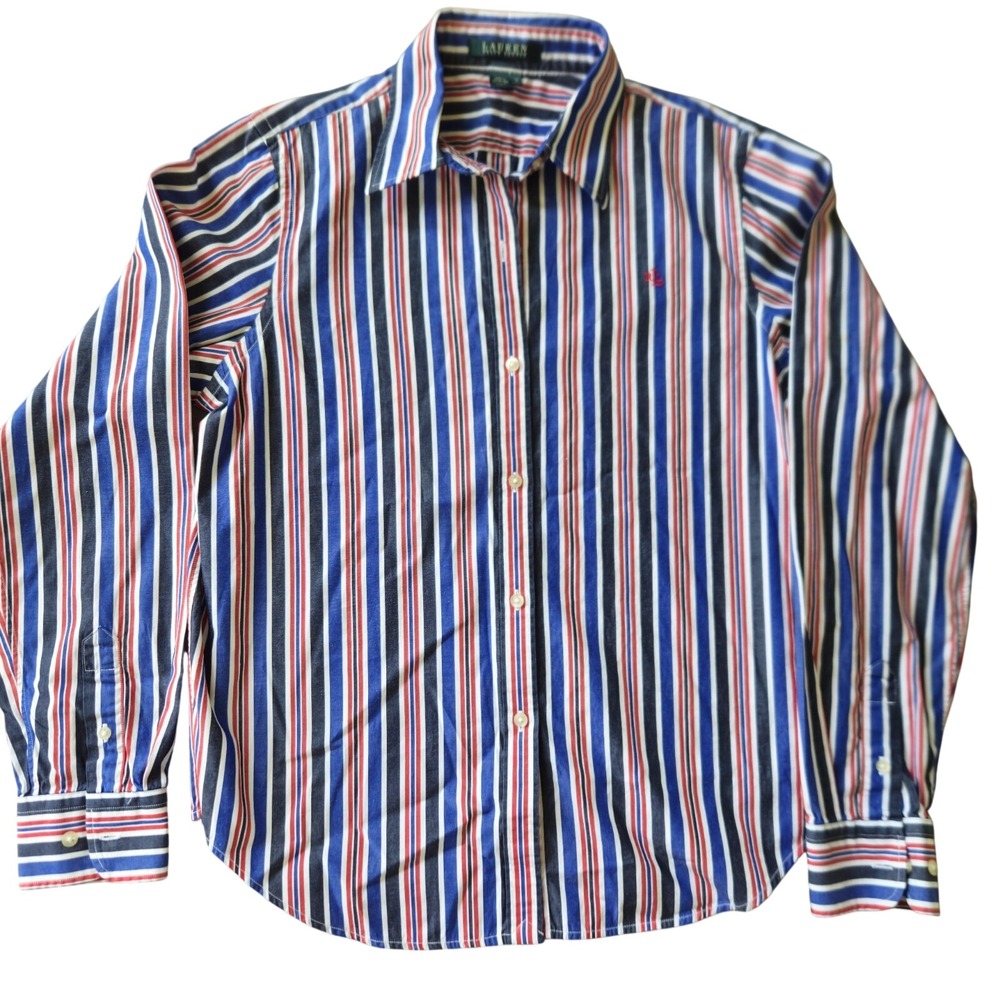 Lauren Ralph Lauren Y2K Button Down Sz M Stripe Patriotic Whimsy Academia Preppy